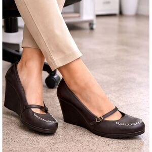 Chaps Womens Mena Wedge Size 10 B Mary Jane Chocolate Brown Faux Leather Shoes